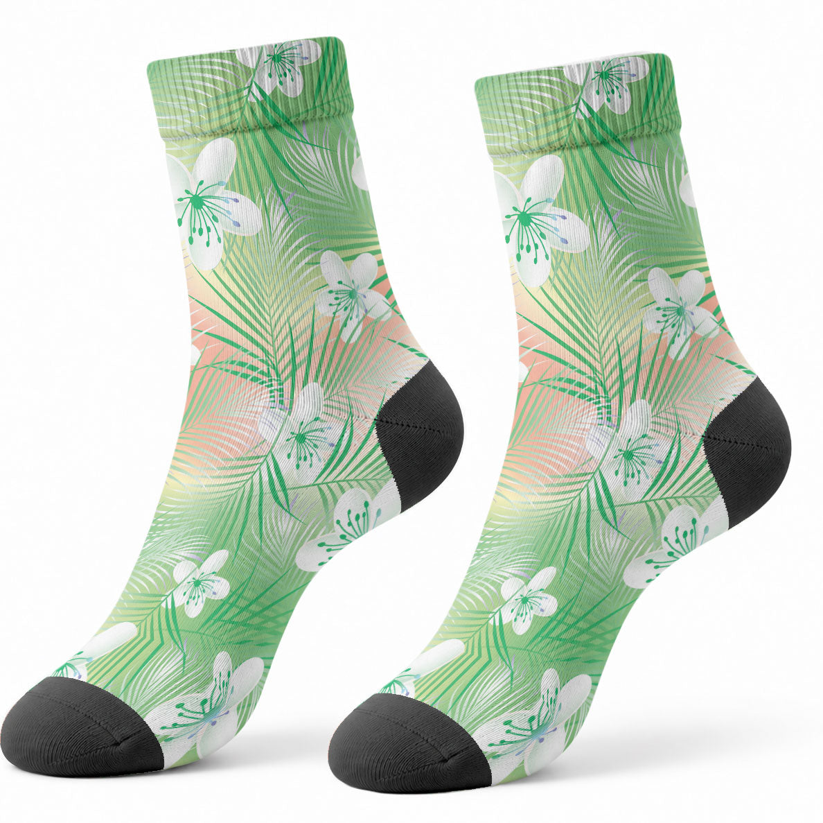 Green Aloha Hawaiian Crew Socks Tropical Flower Palm Leaf Pattern LT19 - Polynesian Pride