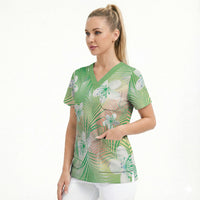 Green Aloha Hawaiian Scrub Top Tropical Flower Palm Leaf Pattern LT19 - Polynesian Pride