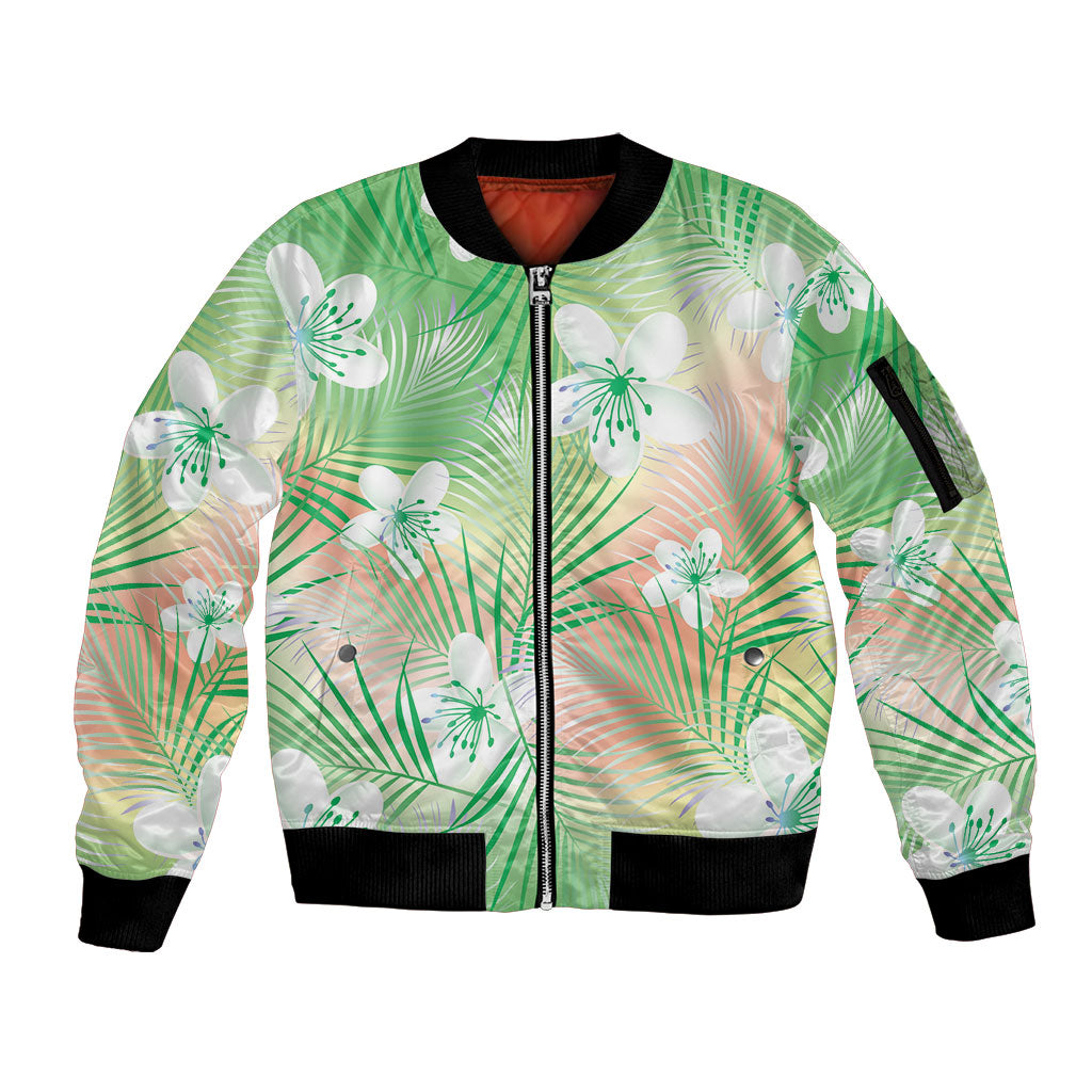 Green Aloha Hawaiian Sleeve Zip Bomber Jacket Tropical Flower Palm Leaf Pattern LT19 Unisex Green - Polynesian Pride