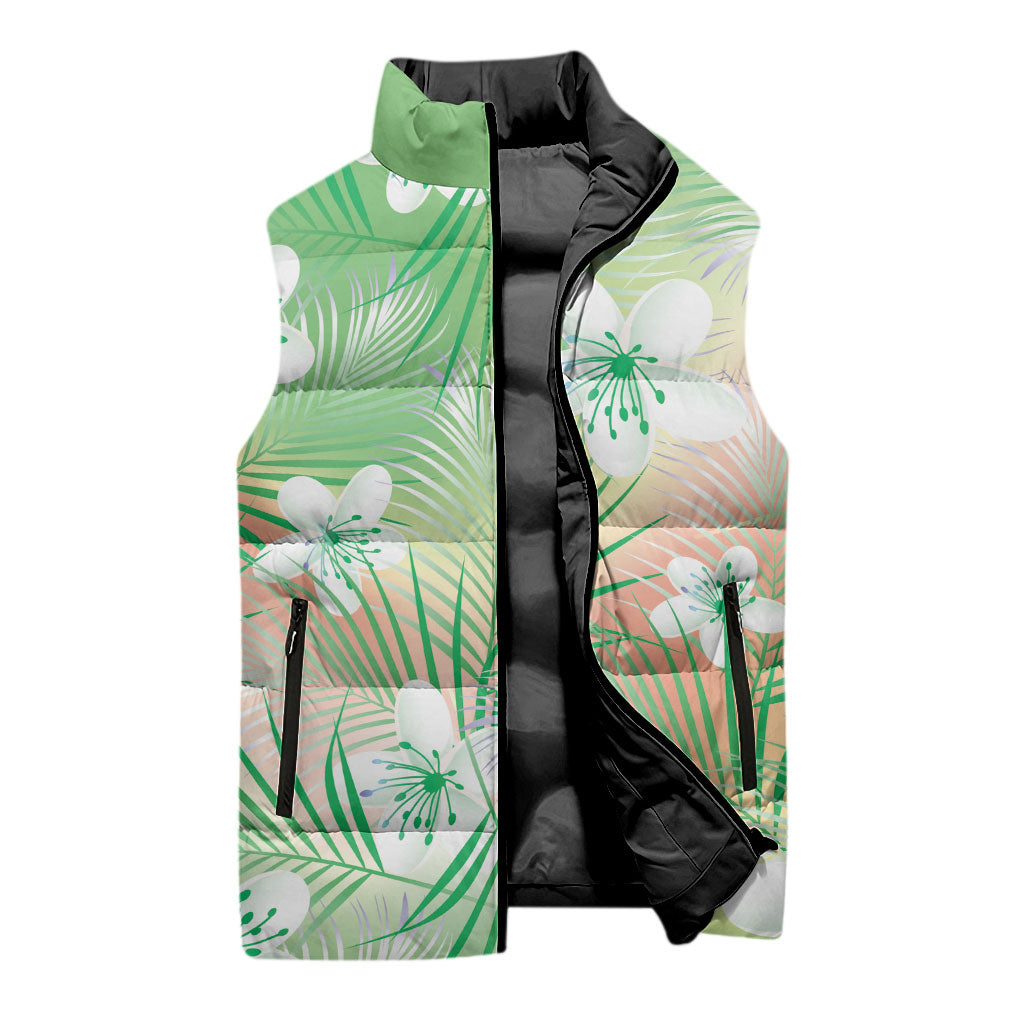 Green Aloha Hawaiian Sleeveless Puffer Jacket Tropical Flower Palm Leaf Pattern LT19 - Polynesian Pride