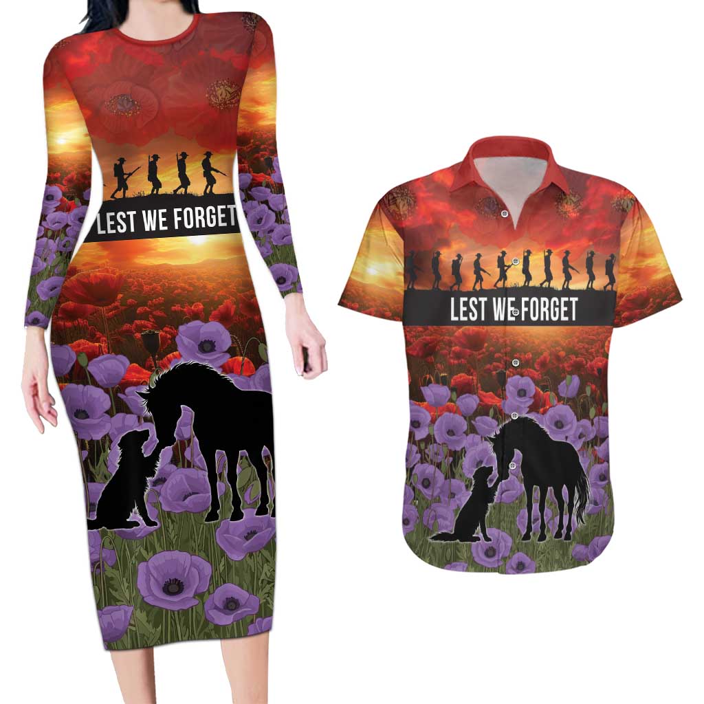 Personalised ANZAC Day Couples Matching Long Sleeve Bodycon Dress and Hawaiian Shirt Remembering the Animals of War LT19 Purple - Polynesian Pride