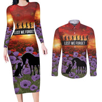 Personalised ANZAC Day Couples Matching Long Sleeve Bodycon Dress and Long Sleeve Button Shirt Remembering the Animals of War LT19 Purple - Polynesian Pride
