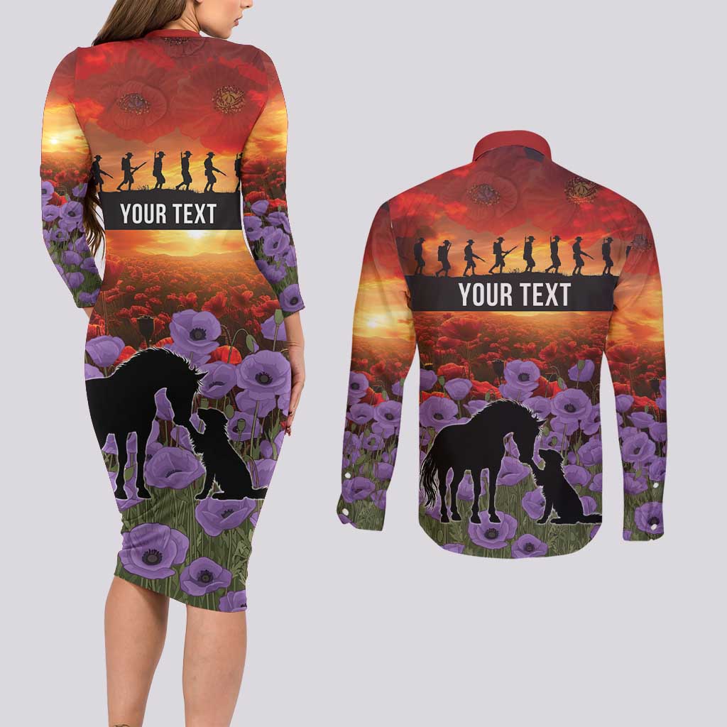 Personalised ANZAC Day Couples Matching Long Sleeve Bodycon Dress and Long Sleeve Button Shirt Remembering the Animals of War LT19 - Polynesian Pride