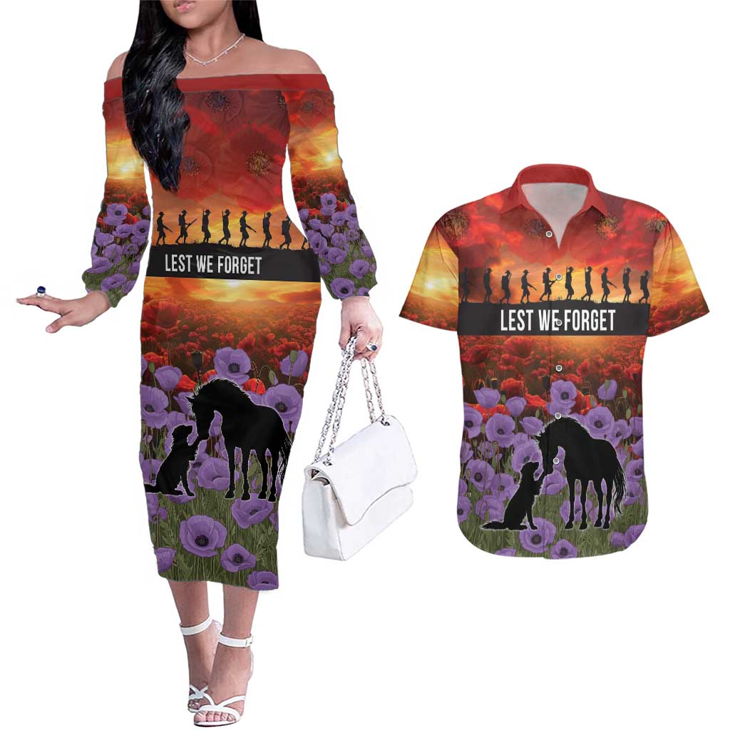 Personalised ANZAC Day Couples Matching Off The Shoulder Long Sleeve Dress and Hawaiian Shirt Remembering the Animals of War LT19 Purple - Polynesian Pride