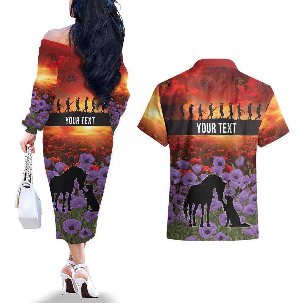 Personalised ANZAC Day Couples Matching Off The Shoulder Long Sleeve Dress and Hawaiian Shirt Remembering the Animals of War LT19 - Polynesian Pride