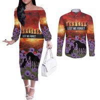 Personalised ANZAC Day Couples Matching Off The Shoulder Long Sleeve Dress and Long Sleeve Button Shirt Remembering the Animals of War LT19 Purple - Polynesian Pride