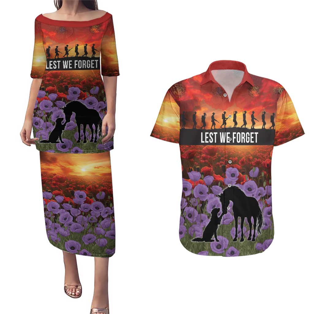 Personalised ANZAC Day Couples Matching Puletasi and Hawaiian Shirt Remembering the Animals of War