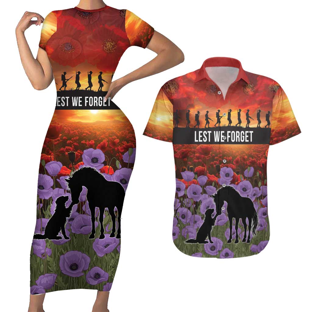 Personalised ANZAC Day Couples Matching Short Sleeve Bodycon Dress and Hawaiian Shirt Remembering the Animals of War LT19 Purple - Polynesian Pride