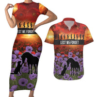 Personalised ANZAC Day Couples Matching Short Sleeve Bodycon Dress and Hawaiian Shirt Remembering the Animals of War LT19 Purple - Polynesian Pride