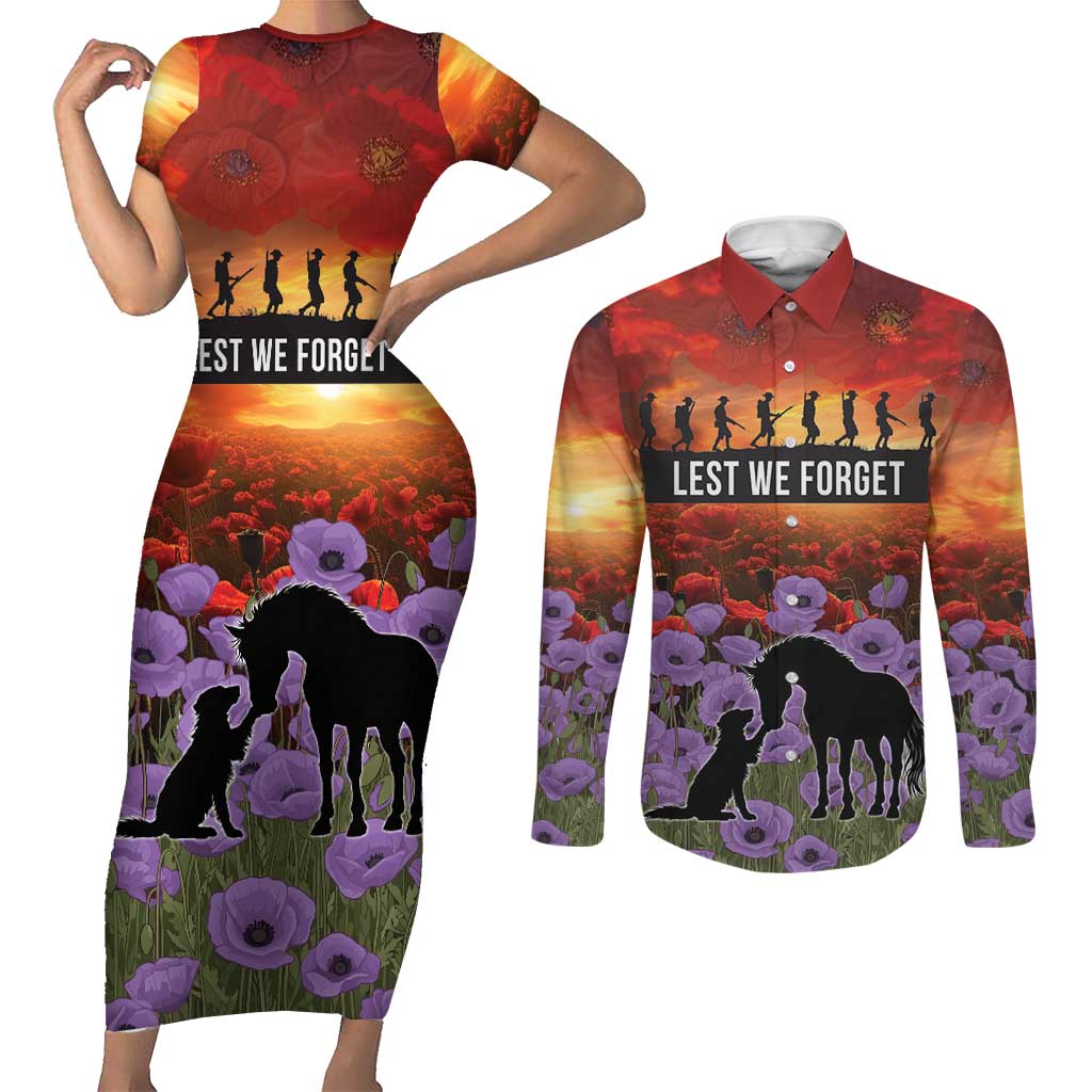 Personalised ANZAC Day Couples Matching Short Sleeve Bodycon Dress and Long Sleeve Button Shirt Remembering the Animals of War LT19 Purple - Polynesian Pride