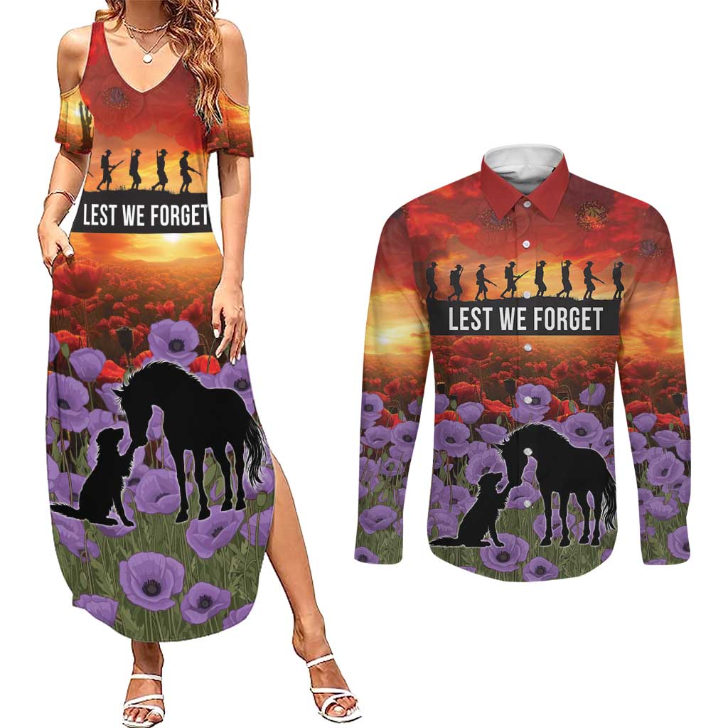 Personalised ANZAC Day Couples Matching Summer Maxi Dress and Long Sleeve Button Shirt Remembering the Animals of War