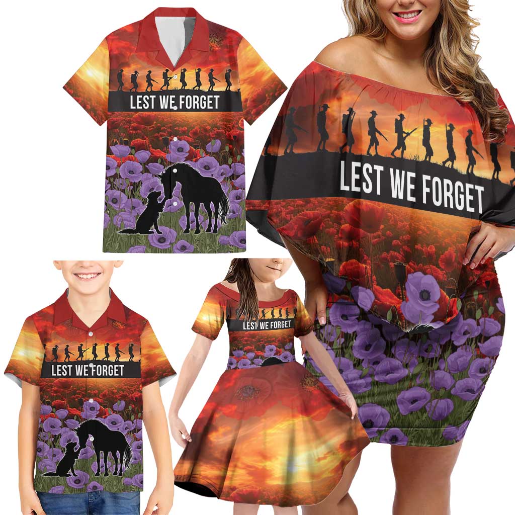 Personalised ANZAC Day Family Matching Off Shoulder Short Dress and Hawaiian Shirt Remembering the Animals of War