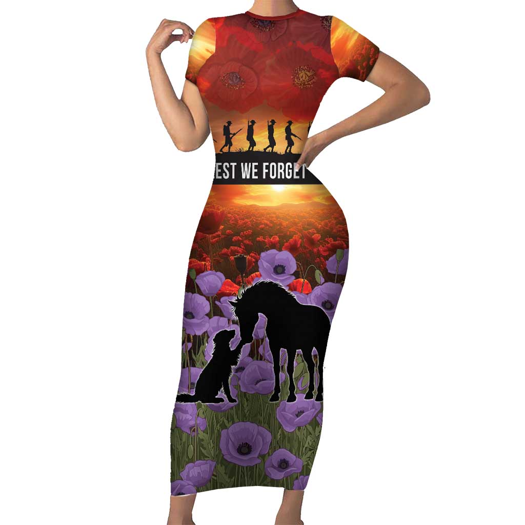 Personalised ANZAC Day Short Sleeve Bodycon Dress Remembering the Animals of War LT19 Long Dress Purple - Polynesian Pride