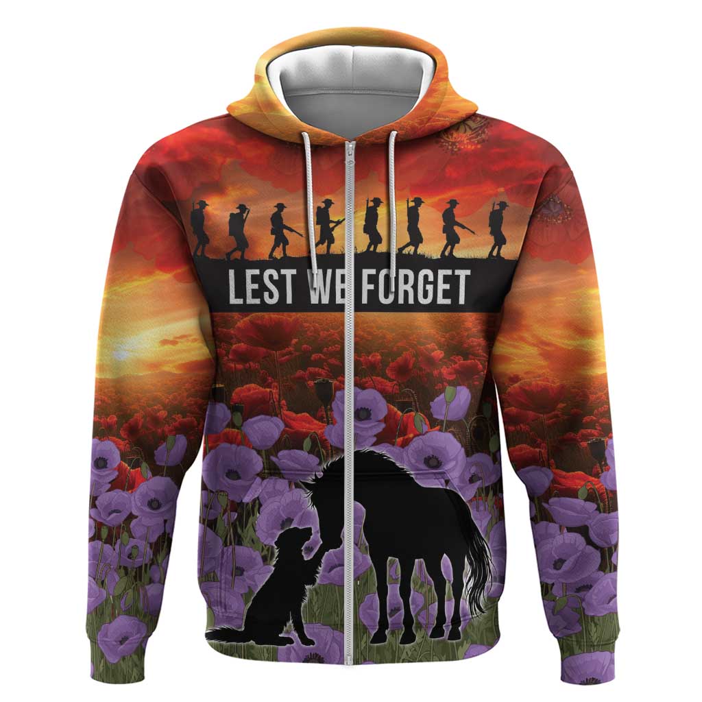 Personalised ANZAC Day Zip Hoodie Remembering the Animals of War LT19 Zip Hoodie Purple - Polynesian Pride
