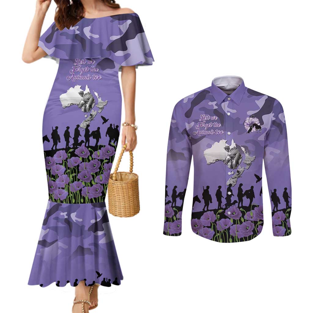ANZAC Day Couples Matching Mermaid Dress and Long Sleeve Button Shirt Lest We Forget the Animals Too