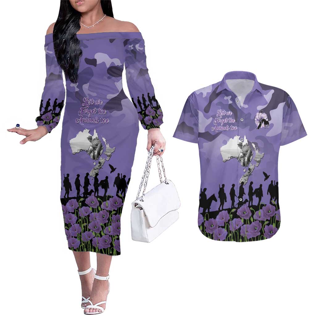 ANZAC Day Couples Matching Off The Shoulder Long Sleeve Dress and Hawaiian Shirt Lest We Forget the Animals Too LT19 Purple - Polynesian Pride