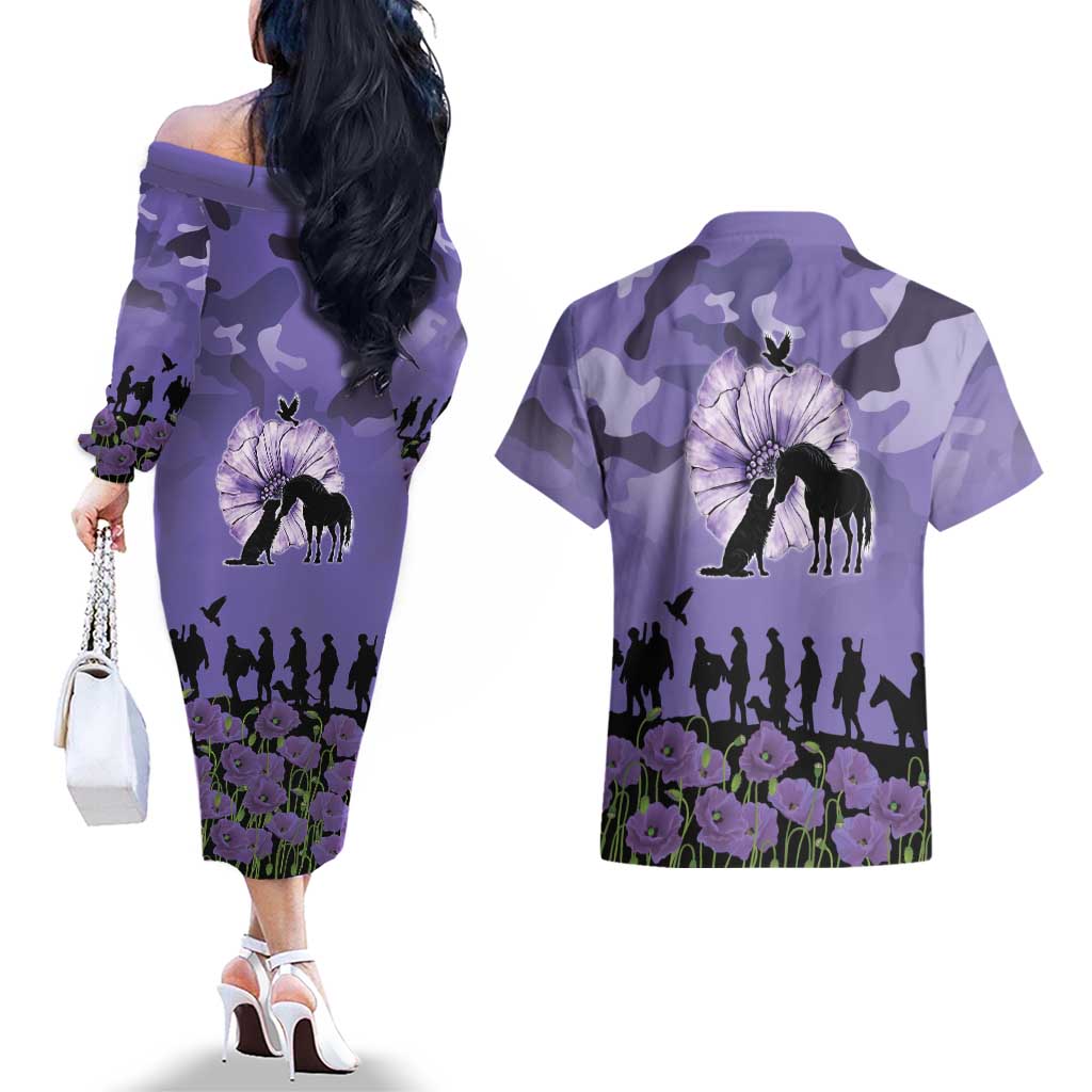 ANZAC Day Couples Matching Off The Shoulder Long Sleeve Dress and Hawaiian Shirt Lest We Forget the Animals Too LT19 - Polynesian Pride