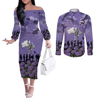 ANZAC Day Couples Matching Off The Shoulder Long Sleeve Dress and Long Sleeve Button Shirt Lest We Forget the Animals Too LT19 Purple - Polynesian Pride