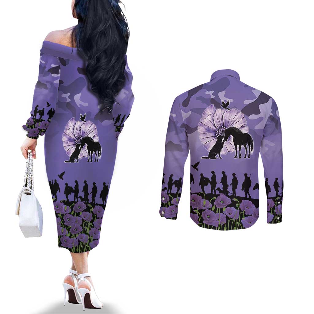 ANZAC Day Couples Matching Off The Shoulder Long Sleeve Dress and Long Sleeve Button Shirt Lest We Forget the Animals Too LT19 - Polynesian Pride