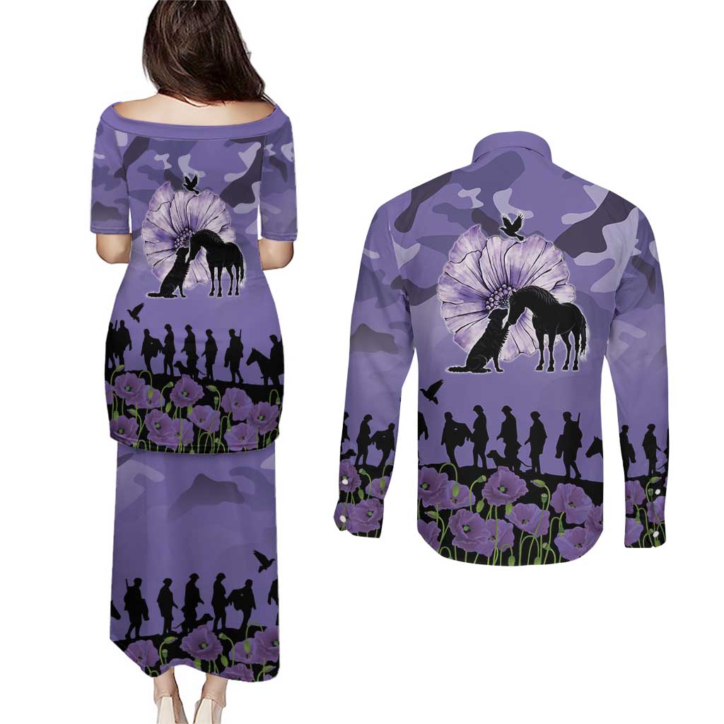 ANZAC Day Couples Matching Puletasi and Long Sleeve Button Shirt Lest We Forget the Animals Too