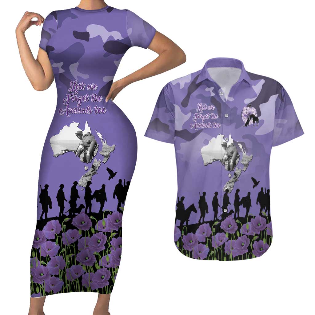 ANZAC Day Couples Matching Short Sleeve Bodycon Dress and Hawaiian Shirt Lest We Forget the Animals Too LT19 Purple - Polynesian Pride