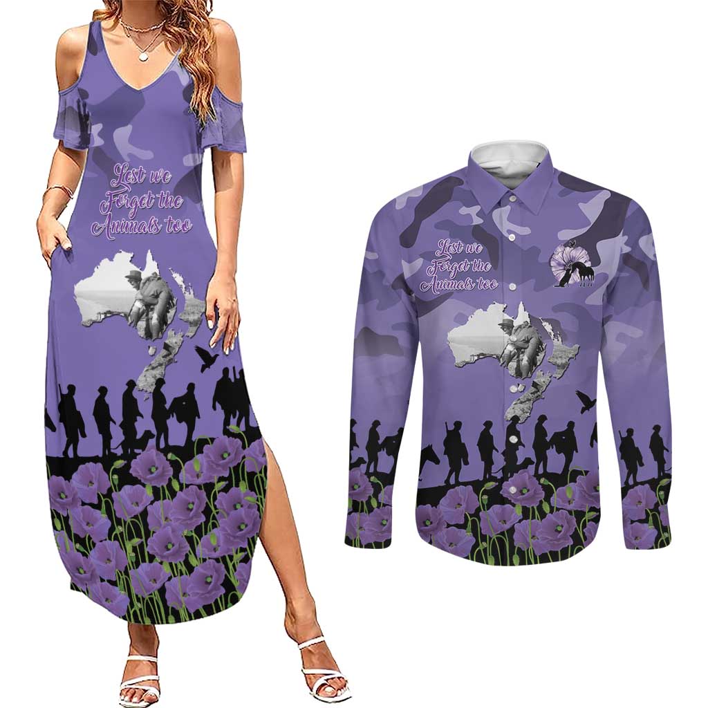 ANZAC Day Couples Matching Summer Maxi Dress and Long Sleeve Button Shirt Lest We Forget the Animals Too