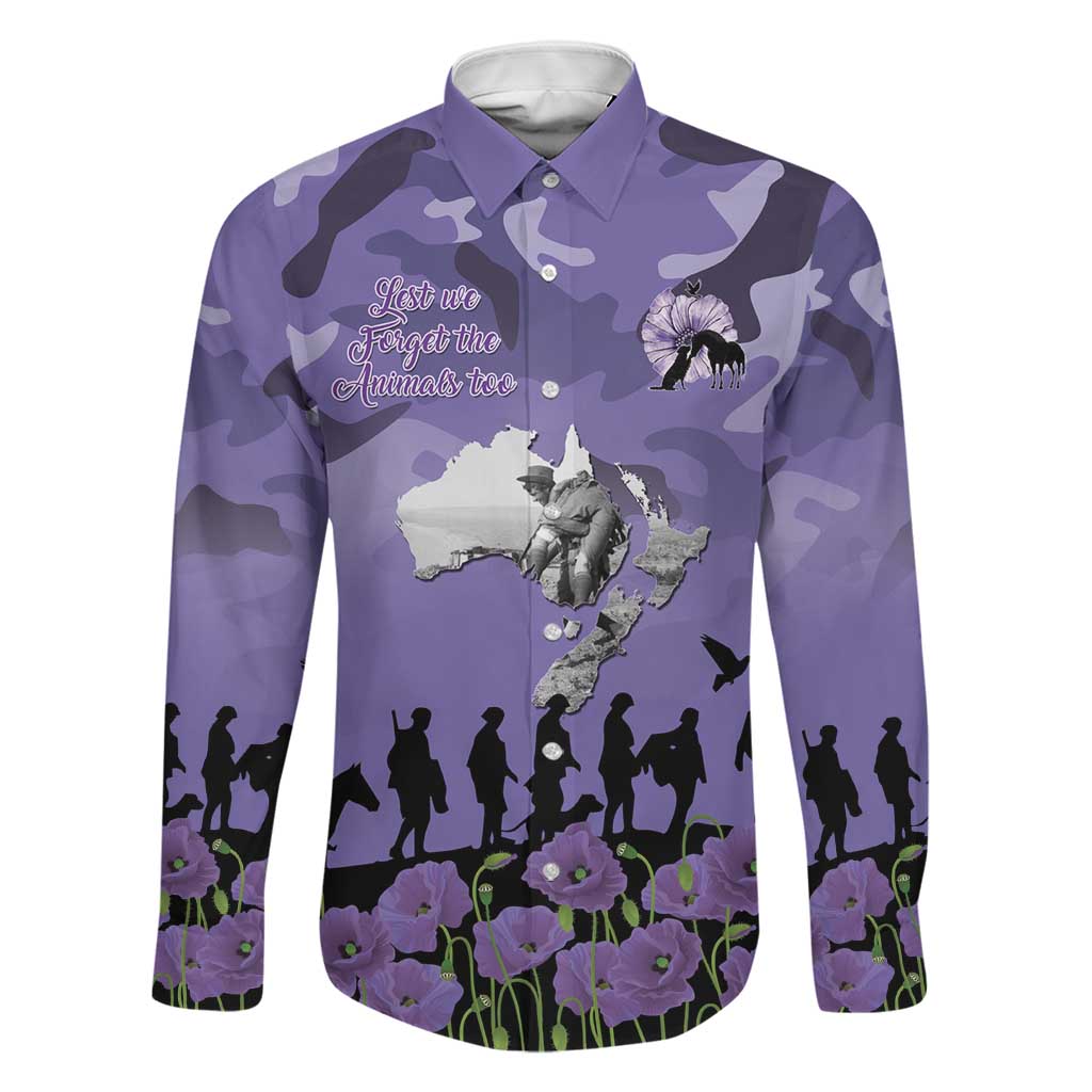 ANZAC Day Family Matching Off Shoulder Maxi Dress and Hawaiian Shirt Lest We Forget the Animals Too LT19 Dad's Shirt - Long Sleeve Purple - Polynesian Pride