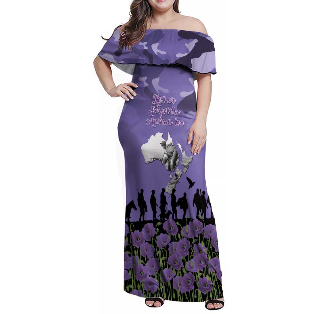 ANZAC Day Family Matching Off Shoulder Maxi Dress and Hawaiian Shirt Lest We Forget the Animals Too LT19 Mom's Dress Purple - Polynesian Pride