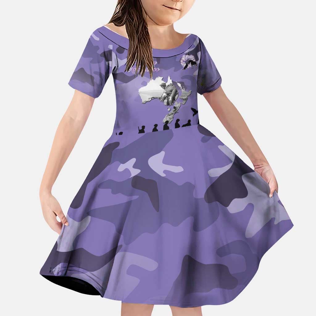 ANZAC Day Family Matching Off Shoulder Short Dress and Hawaiian Shirt Lest We Forget the Animals Too LT19 Daughter's Dress Purple - Polynesian Pride
