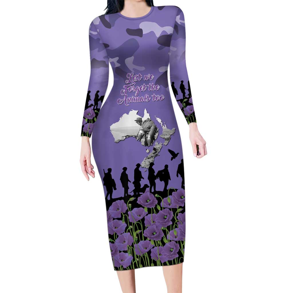 ANZAC Day Long Sleeve Bodycon Dress Lest We Forget the Animals Too