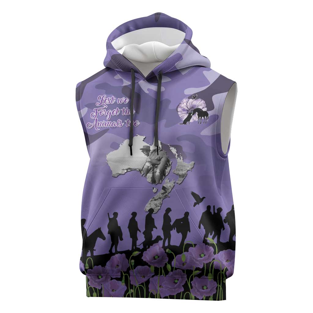 ANZAC Day Sleeveless Hoodie Lest We Forget the Animals Too LT19 Purple - Polynesian Pride