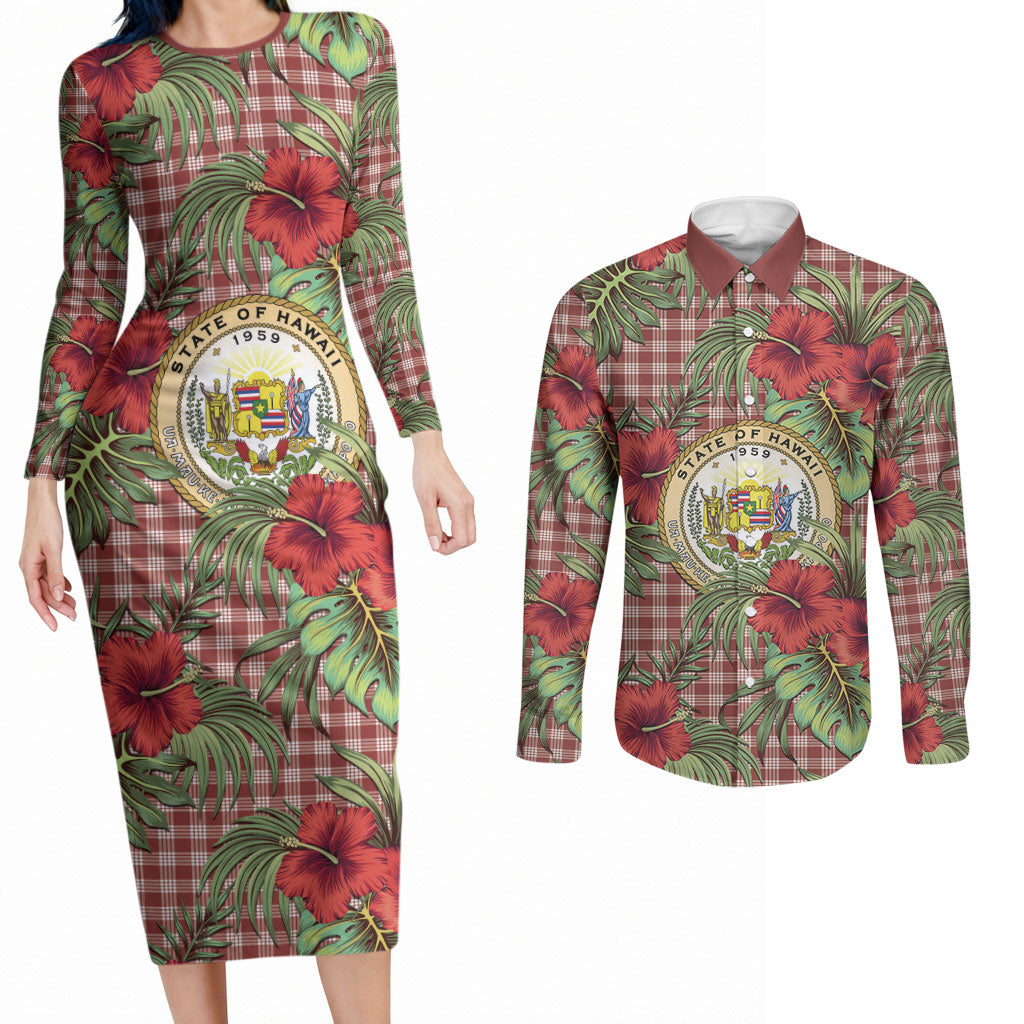 Vintage Hawaii Hibiscus Palaka Couples Matching Long Sleeve Bodycon Dress and Long Sleeve Button Shirt Red Color LT19 Red - Polynesian Pride