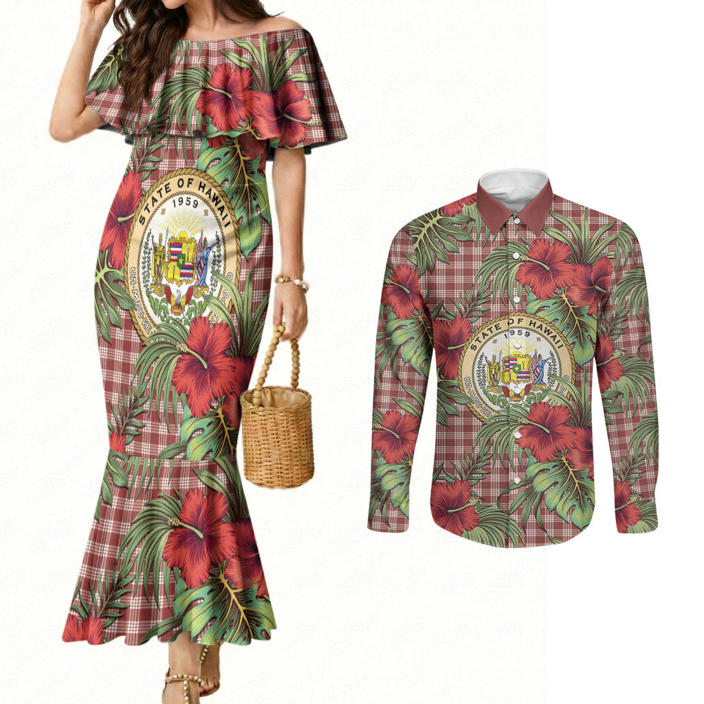 Vintage Hawaii Hibiscus Palaka Couples Matching Mermaid Dress and Long Sleeve Button Shirt Red Color LT19 Red - Polynesian Pride