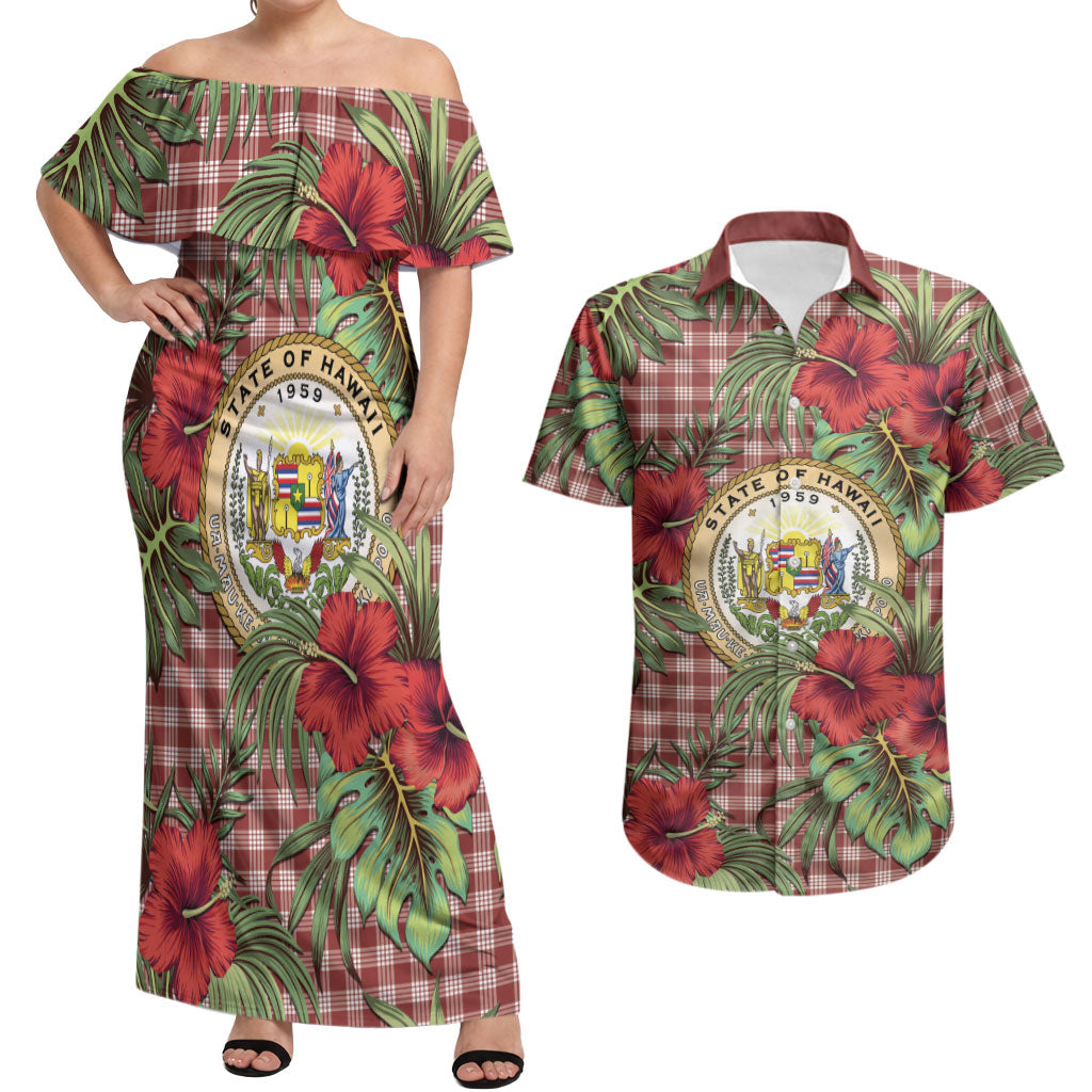 Vintage Hawaii Hibiscus Palaka Couples Matching Off Shoulder Maxi Dress and Hawaiian Shirt Red Color LT19 Red - Polynesian Pride