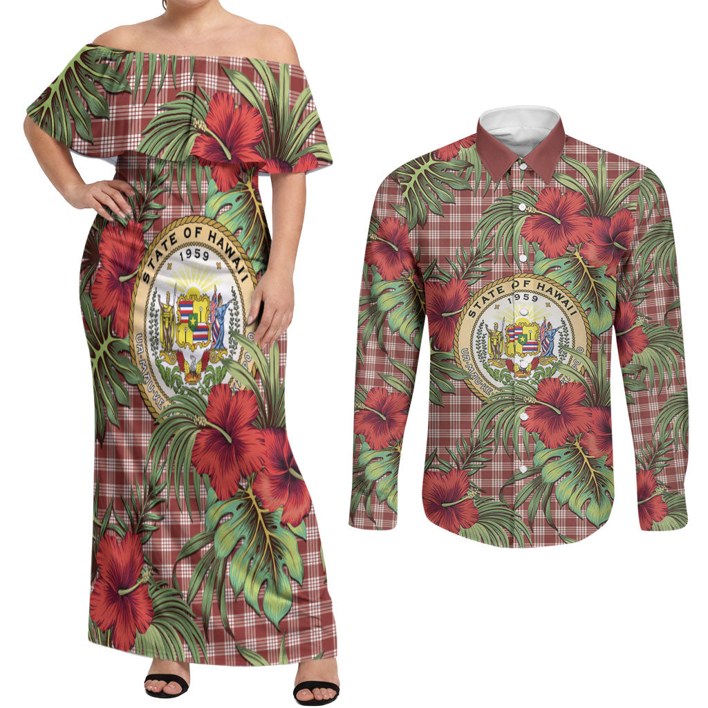 Vintage Hawaii Hibiscus Palaka Couples Matching Off Shoulder Maxi Dress and Long Sleeve Button Shirt Red Color LT19 Red - Polynesian Pride