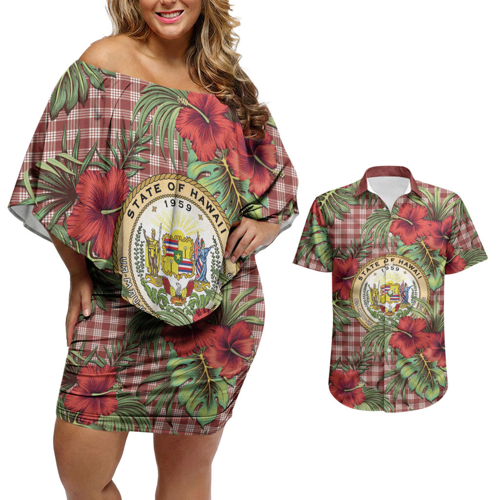 Vintage Hawaii Hibiscus Palaka Couples Matching Off Shoulder Short Dress and Hawaiian Shirt Red Color LT19 Red - Polynesian Pride