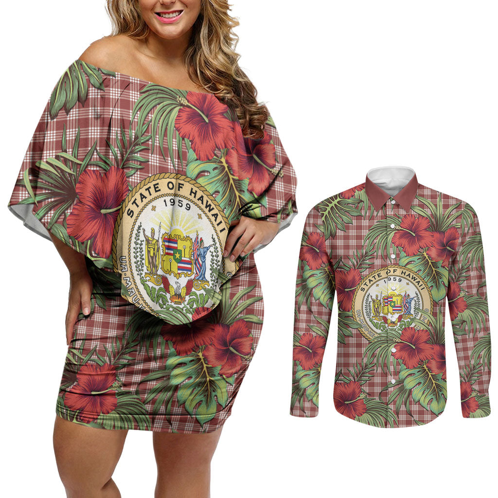 Vintage Hawaii Hibiscus Palaka Couples Matching Off Shoulder Short Dress and Long Sleeve Button Shirt Red Color LT19 Red - Polynesian Pride