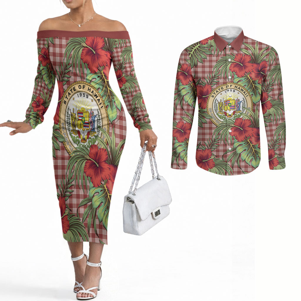 Vintage Hawaii Hibiscus Palaka Couples Matching Off The Shoulder Long Sleeve Dress and Long Sleeve Button Shirt Red Color LT19 Red - Polynesian Pride