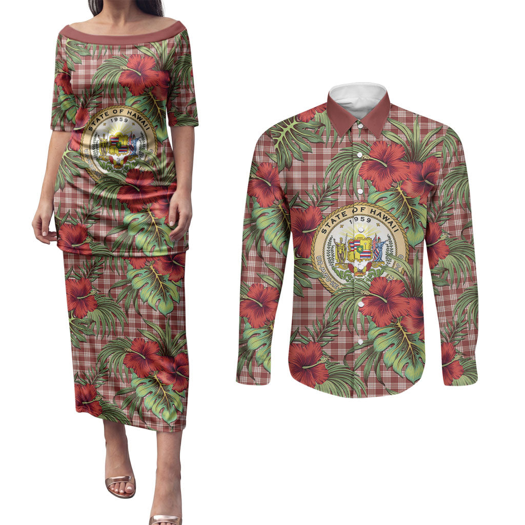 Vintage Hawaii Hibiscus Palaka Couples Matching Puletasi and Long Sleeve Button Shirt Red Color LT19 Red - Polynesian Pride