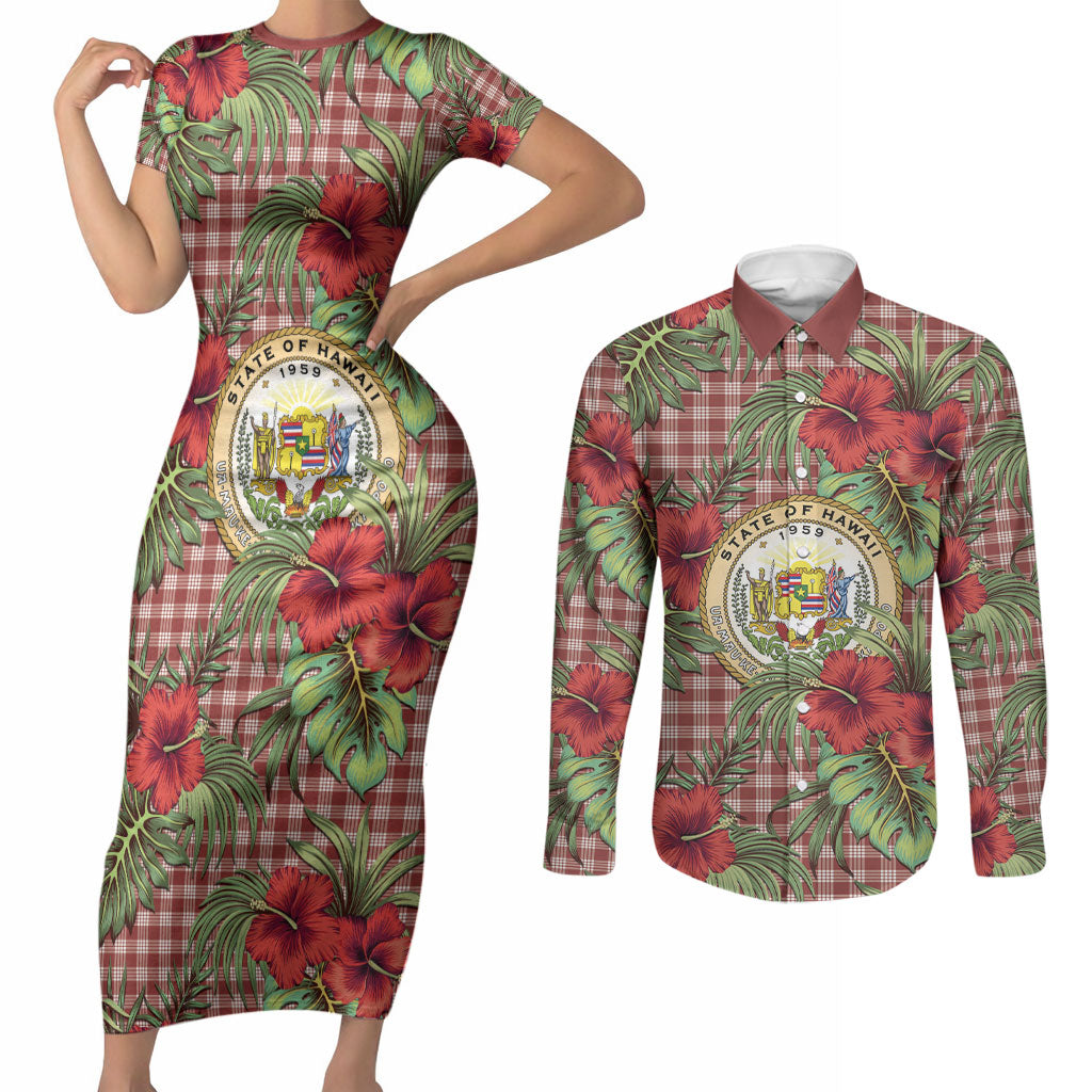 Vintage Hawaii Hibiscus Palaka Couples Matching Short Sleeve Bodycon Dress and Long Sleeve Button Shirt Red Color LT19 Red - Polynesian Pride