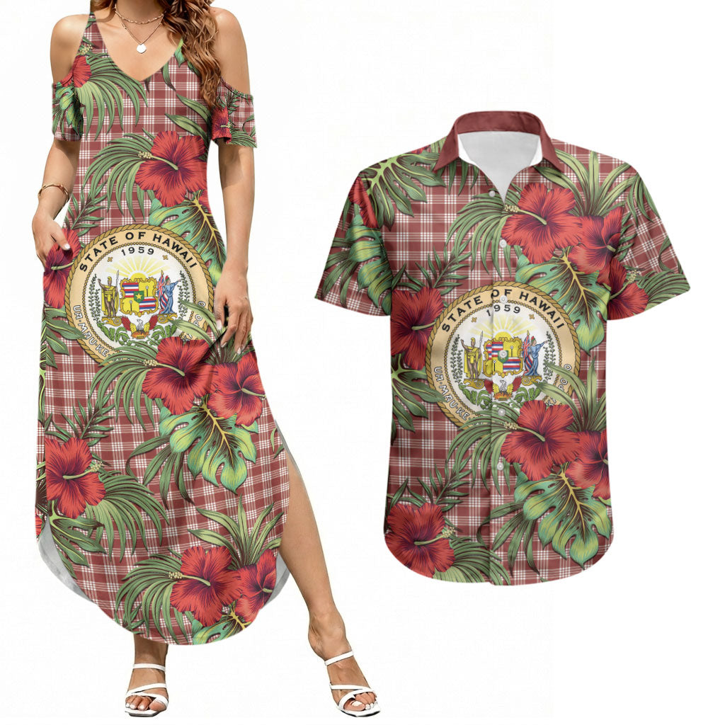 Vintage Hawaii Hibiscus Palaka Couples Matching Summer Maxi Dress and Hawaiian Shirt Red Color LT19 Red - Polynesian Pride