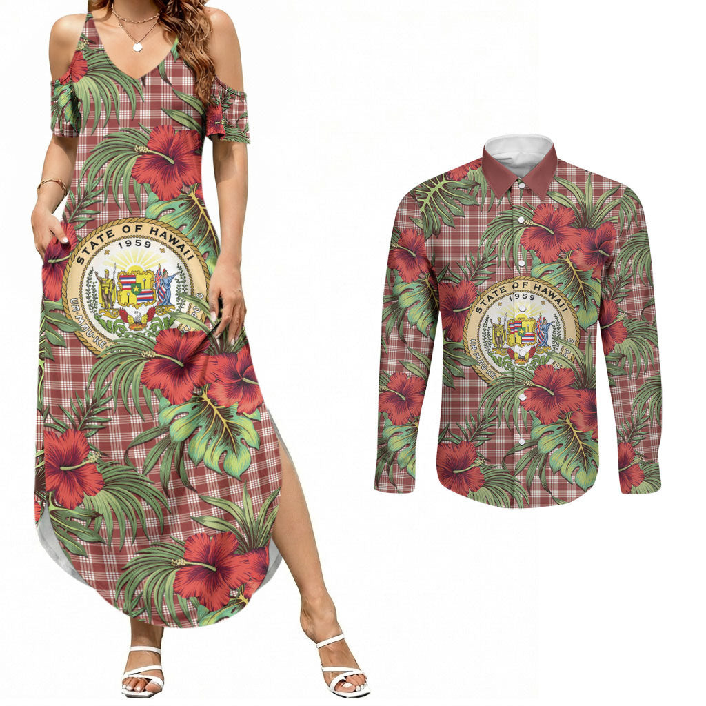 Vintage Hawaii Hibiscus Palaka Couples Matching Summer Maxi Dress and Long Sleeve Button Shirt Red Color LT19 Red - Polynesian Pride