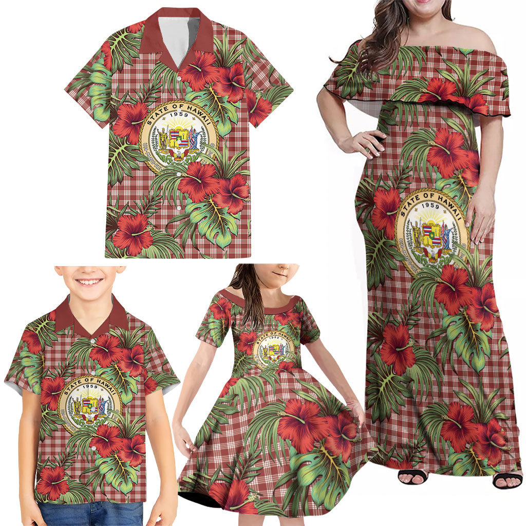 Vintage Hawaii Hibiscus Palaka Family Matching Off Shoulder Maxi Dress and Hawaiian Shirt Red Color