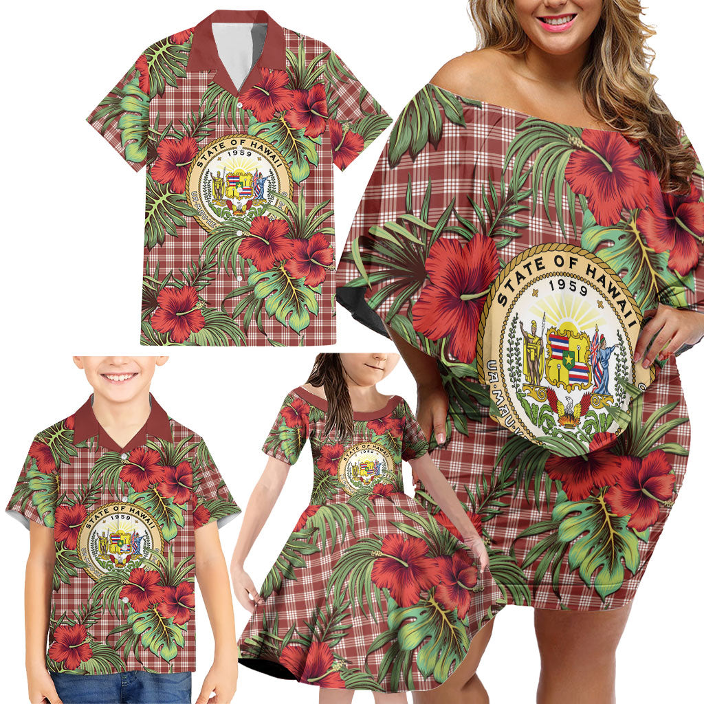 Vintage Hawaii Hibiscus Palaka Family Matching Off Shoulder Short Dress and Hawaiian Shirt Red Color