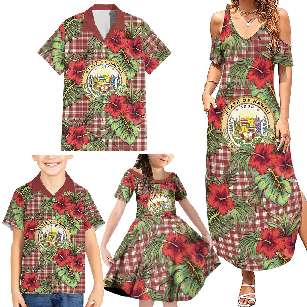 Vintage Hawaii Hibiscus Palaka Family Matching Summer Maxi Dress and Hawaiian Shirt Red Color