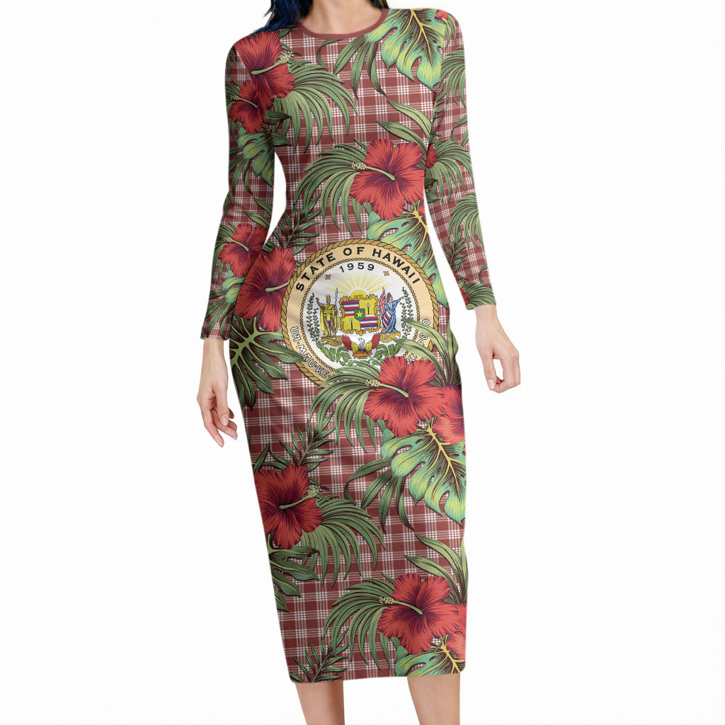 Vintage Hawaii Hibiscus Palaka Long Sleeve Bodycon Dress Red Color LT19 Long Dress Red - Polynesian Pride