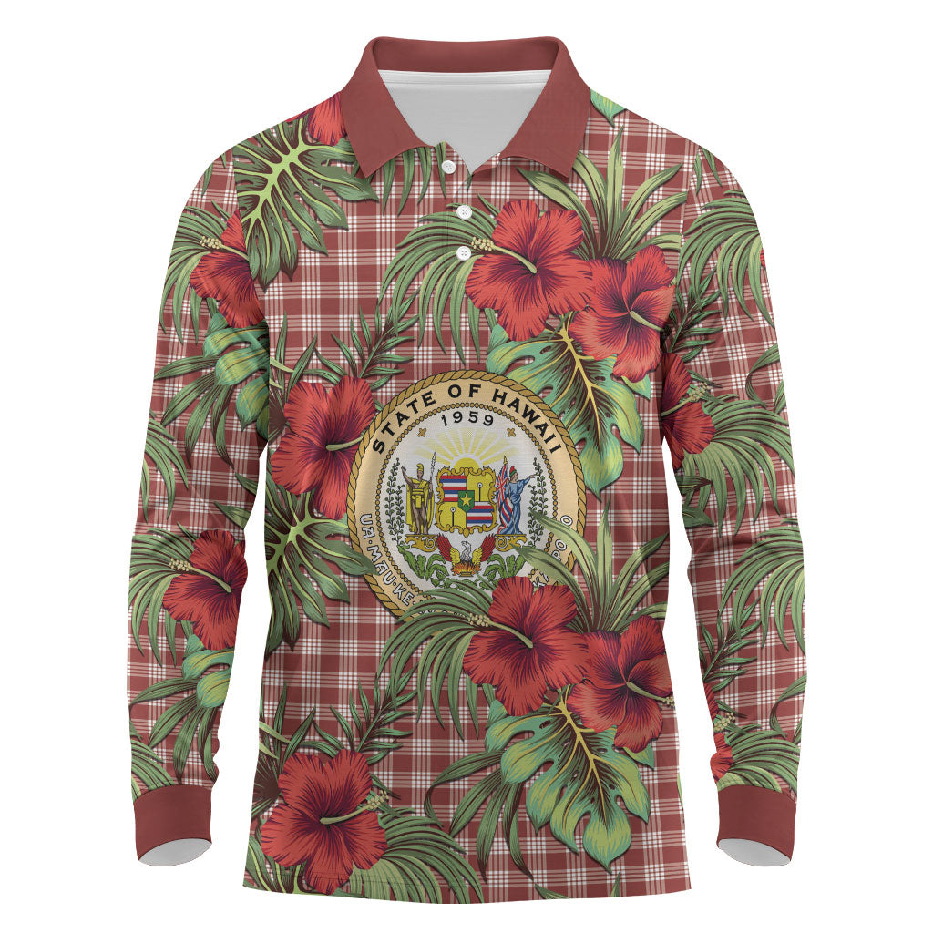 Vintage Hawaii Hibiscus Palaka Long Sleeve Polo Shirt Red Color LT19 Red - Polynesian Pride