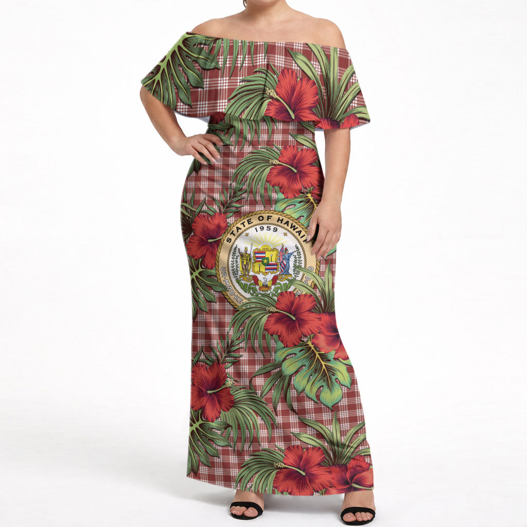 Vintage Hawaii Hibiscus Palaka Off Shoulder Maxi Dress Red Color LT19 Women Red - Polynesian Pride