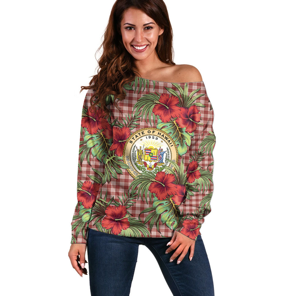 Vintage Hawaii Hibiscus Palaka Off Shoulder Sweater Red Color LT19 Women Red - Polynesian Pride