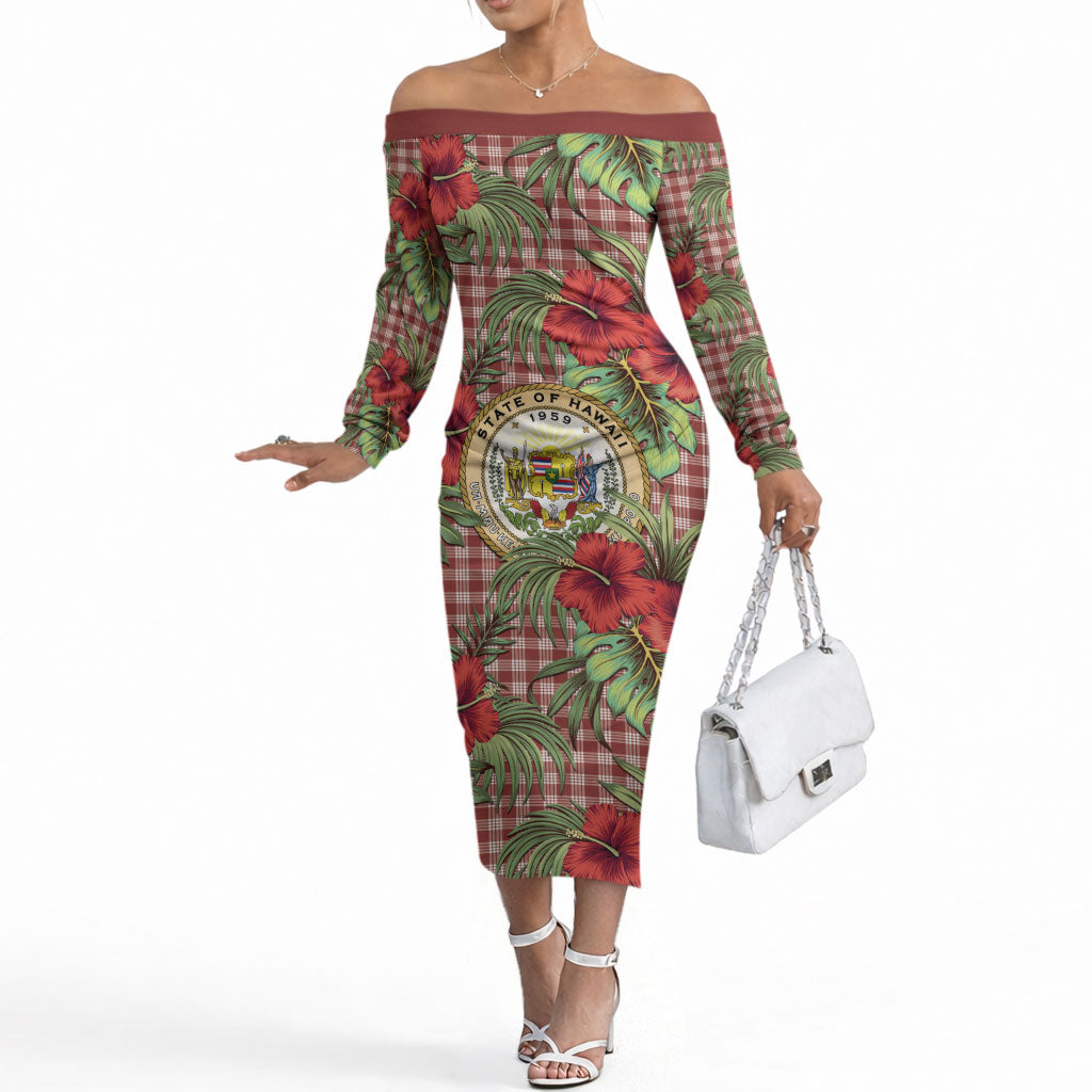 Vintage Hawaii Hibiscus Palaka Off The Shoulder Long Sleeve Dress Red Color LT19 Women Red - Polynesian Pride